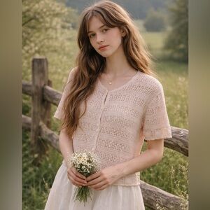 Vintage Cottagecore Crochet Lace Short Sleeve Sweater Cardigan Medium Large Tan